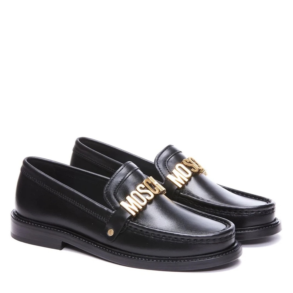 Moschino Gold Logo-Lettering Round-Toe Black Leather Loafers Shoes, size 37